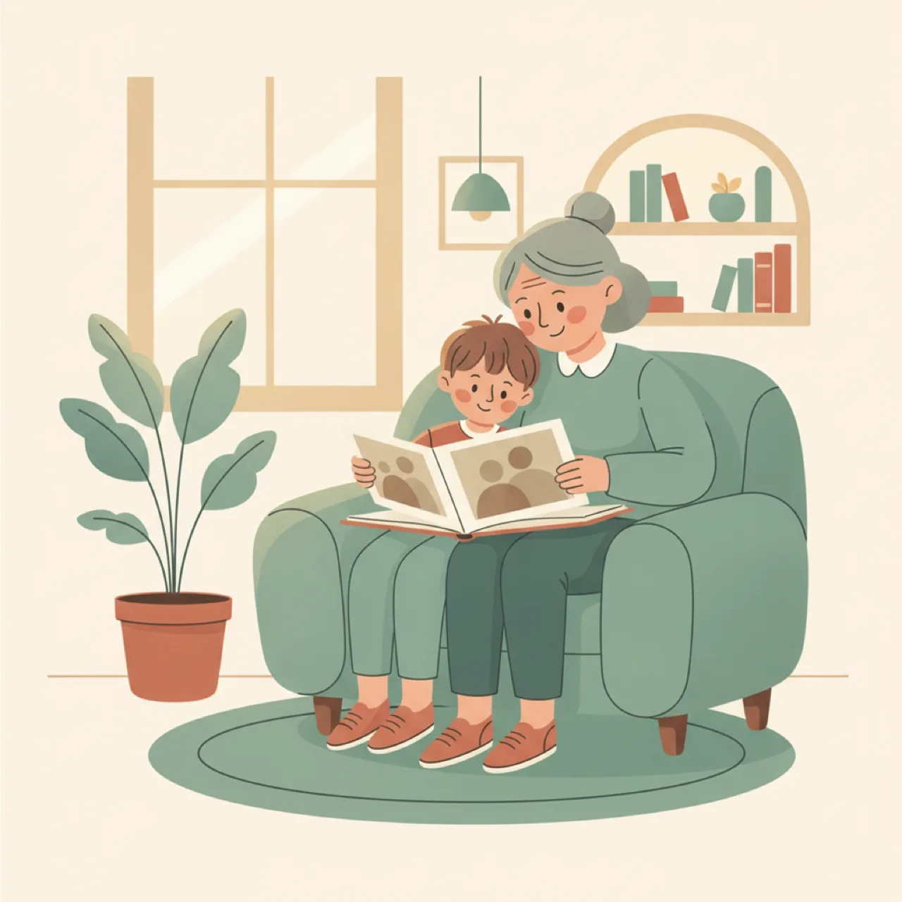 Una abuela y su nieto miran juntos un álbum de fotos