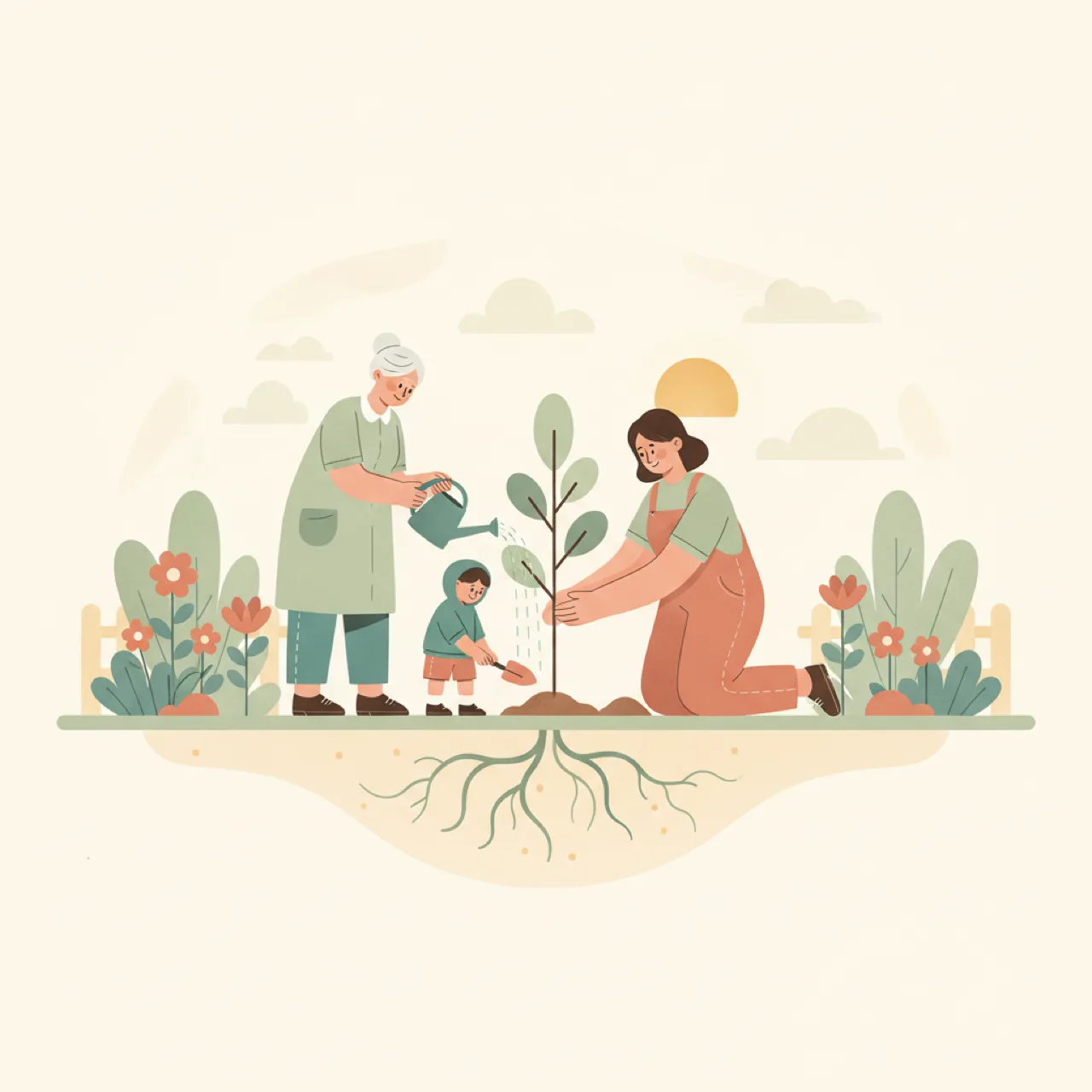 Tres generaciones plantan y riegan juntas un pequeño árbol